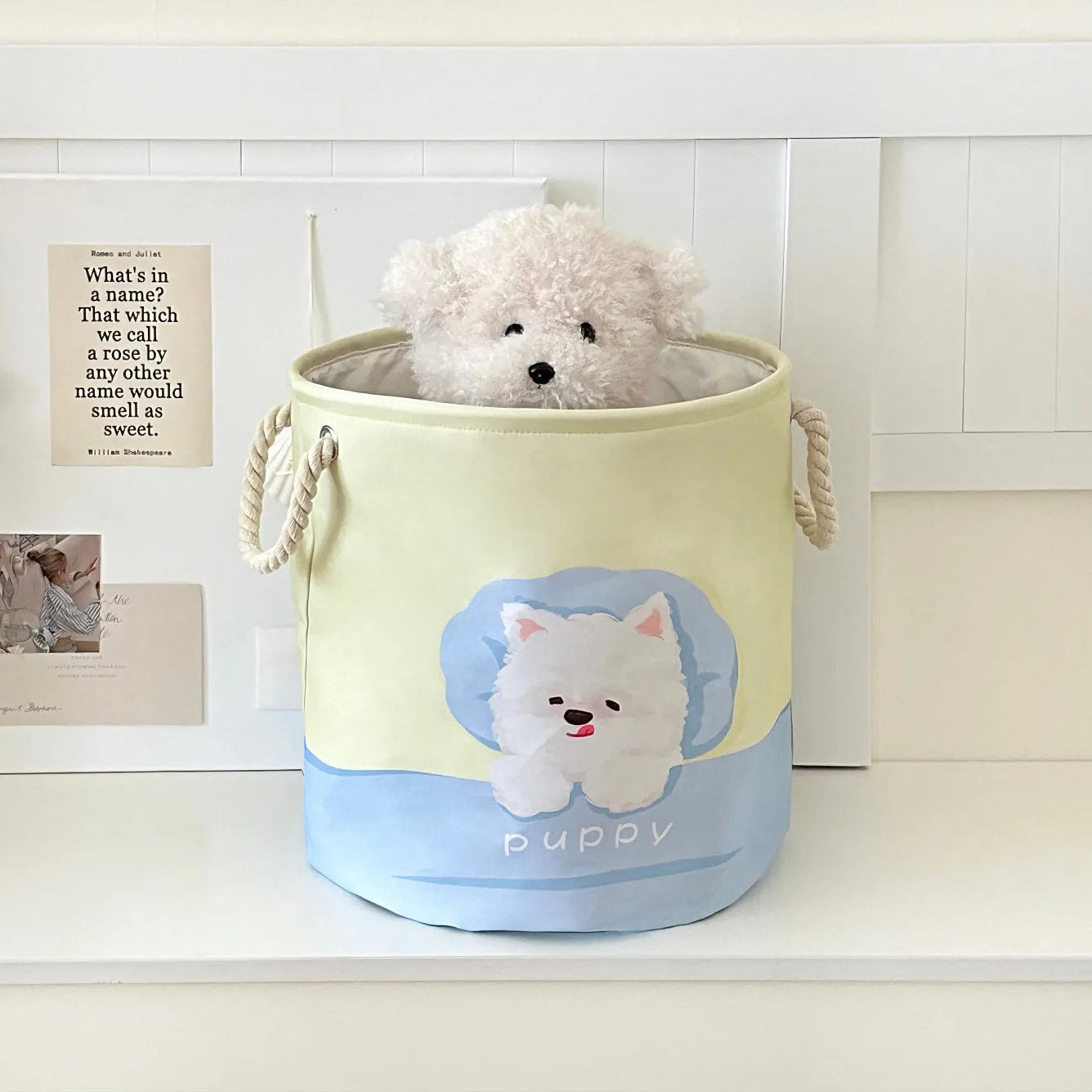 Foldable cotton laundry basket in mint green colour with bear design pattern for bedroom storage