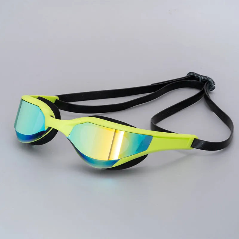 Anti-fog swimming goggles with polycarbonate lenses shown with large and small nose bridges in a plastic mirror box.