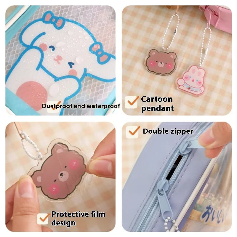 Transparent PVC pencil case with Korean cartoon pattern in vertical orientation