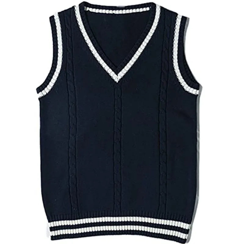 Women's slim fit V-neck acrylic knitted waistcoat sweater with striped stitching detail
