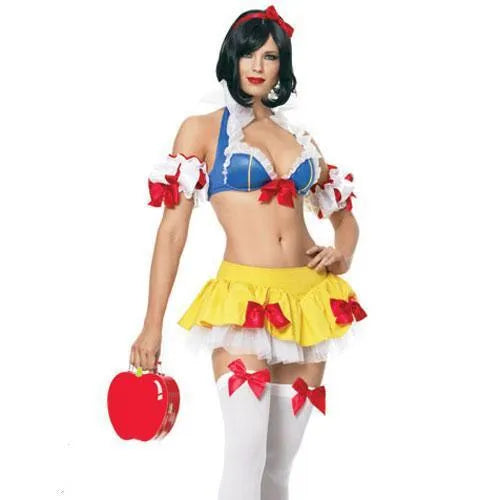 Anime Snow White costume set with headdress, top, short skirt, and sleeves in cotton blend spandex fabric