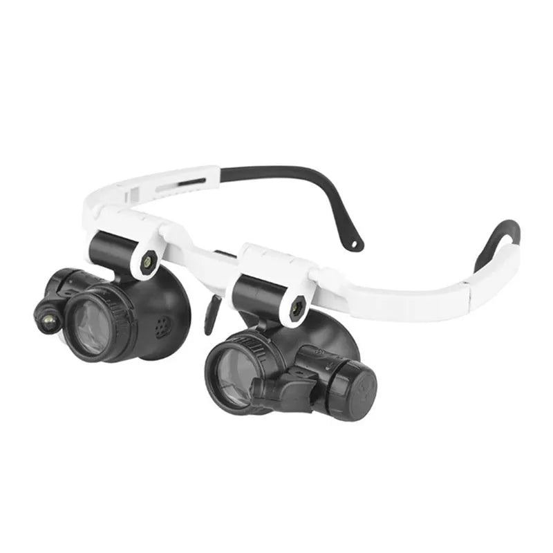 White head mounted magnifying glass with folding arms and LED light for watch and circuit board repair