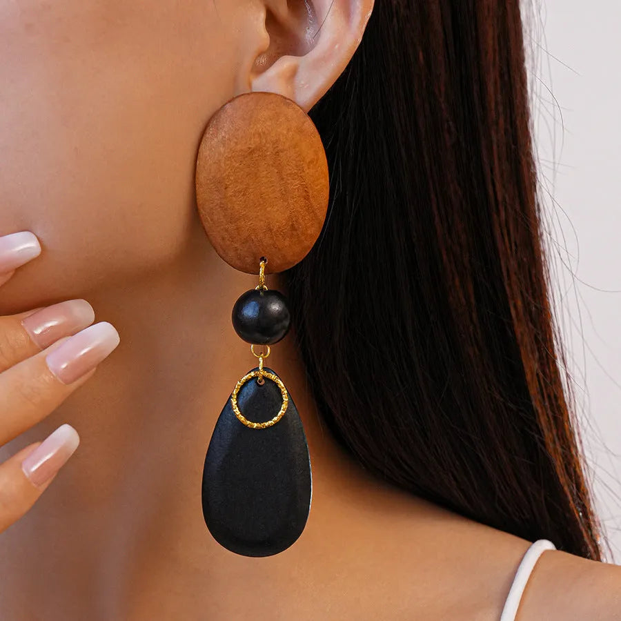 Retro wooden earrings in silver brown black colour with elliptical shape and European style