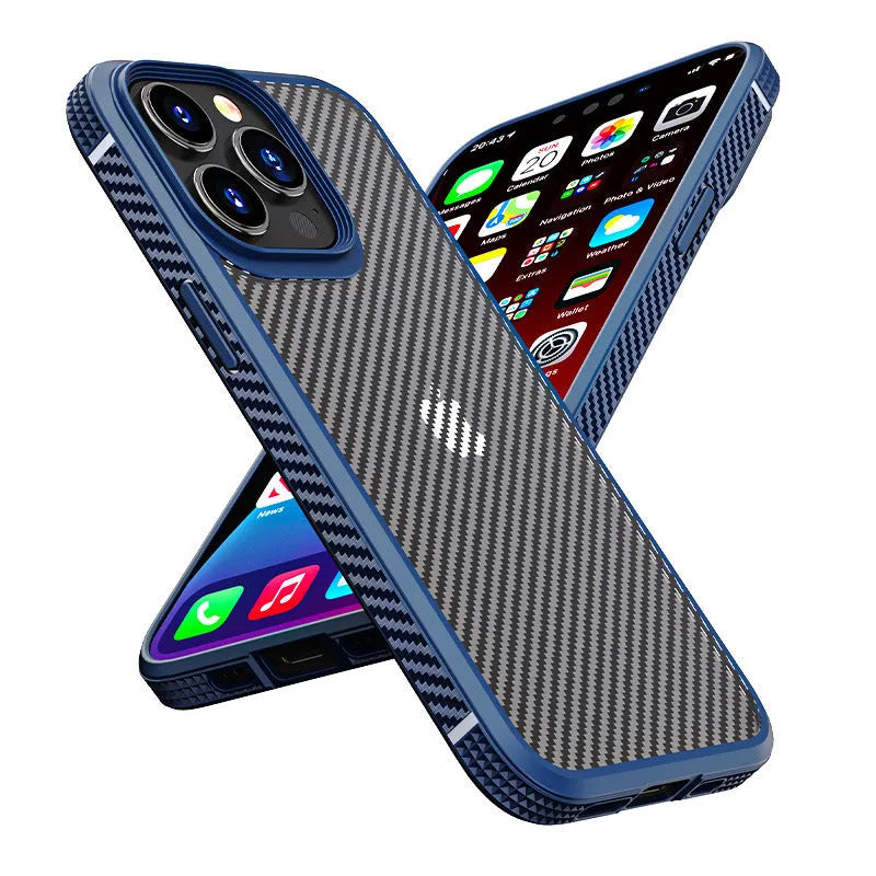 Black iPhone 13 protective case with carbon fibre pattern showing back cover design