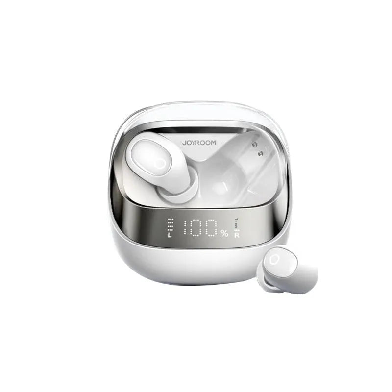 Wireless Bluetooth earbuds with charging case in Dawn White colour, showing in-ear design with compact charging case.