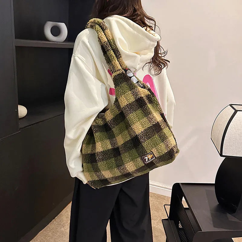 Women's plaid shoulder crossbody tote bag in plush material with large capacity