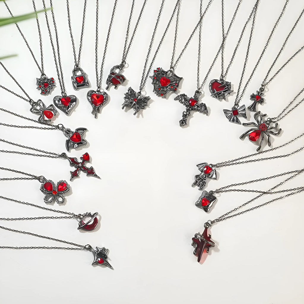 Dark style Halloween necklace for women with a choice of alloy bat, spider, or cross pendants on a chain.