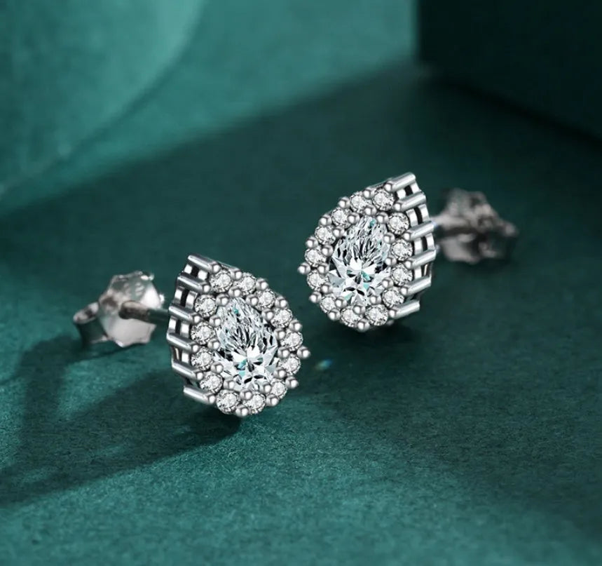 Women's water drop shaped silver ear studs with 925 sterling silver construction
