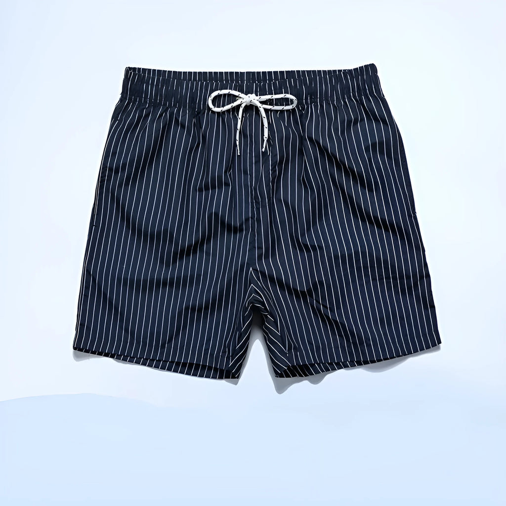 Striped casual shorts in light blue, shown front-on, with straight leg opening.