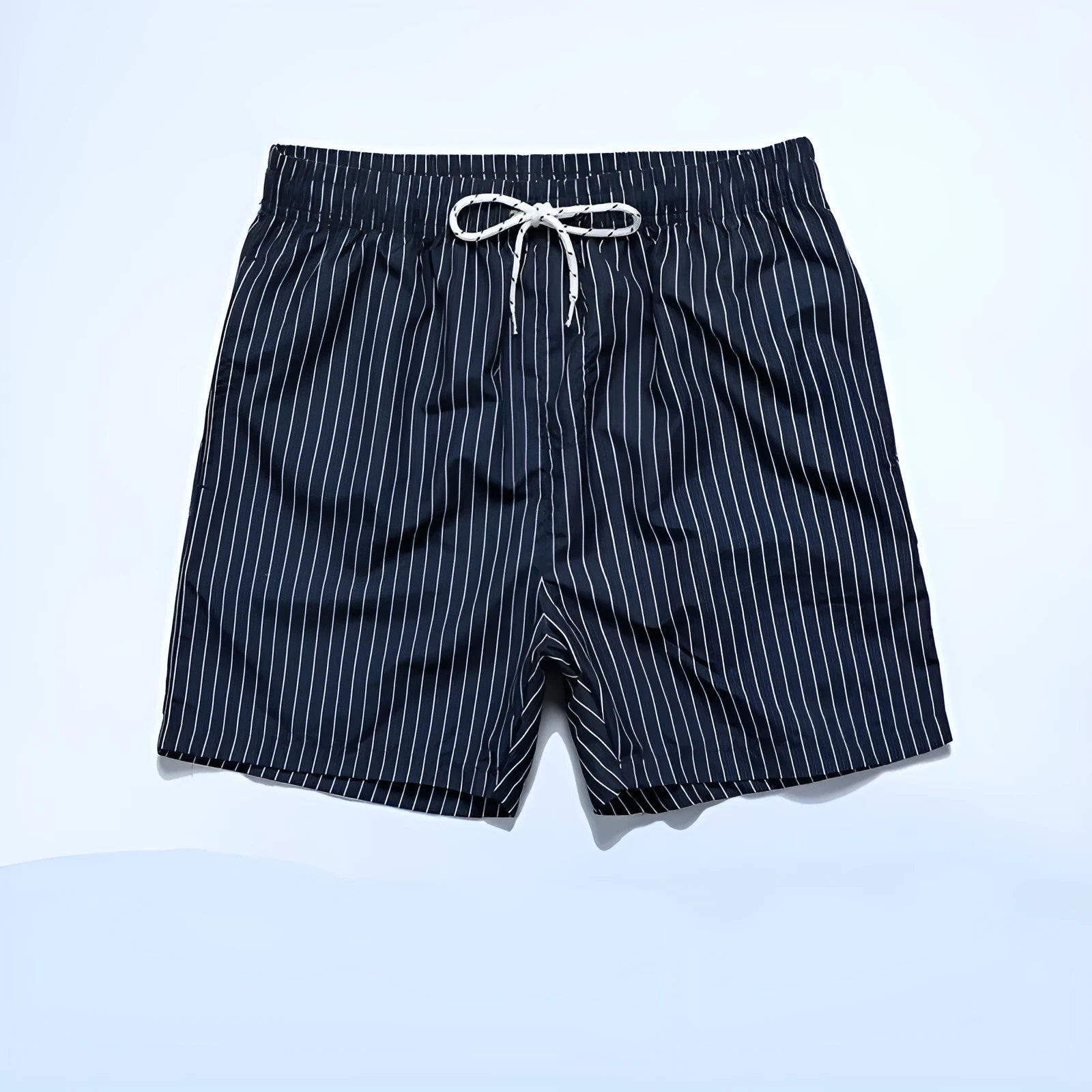 Striped casual shorts in light blue, shown front-on, with straight leg opening.