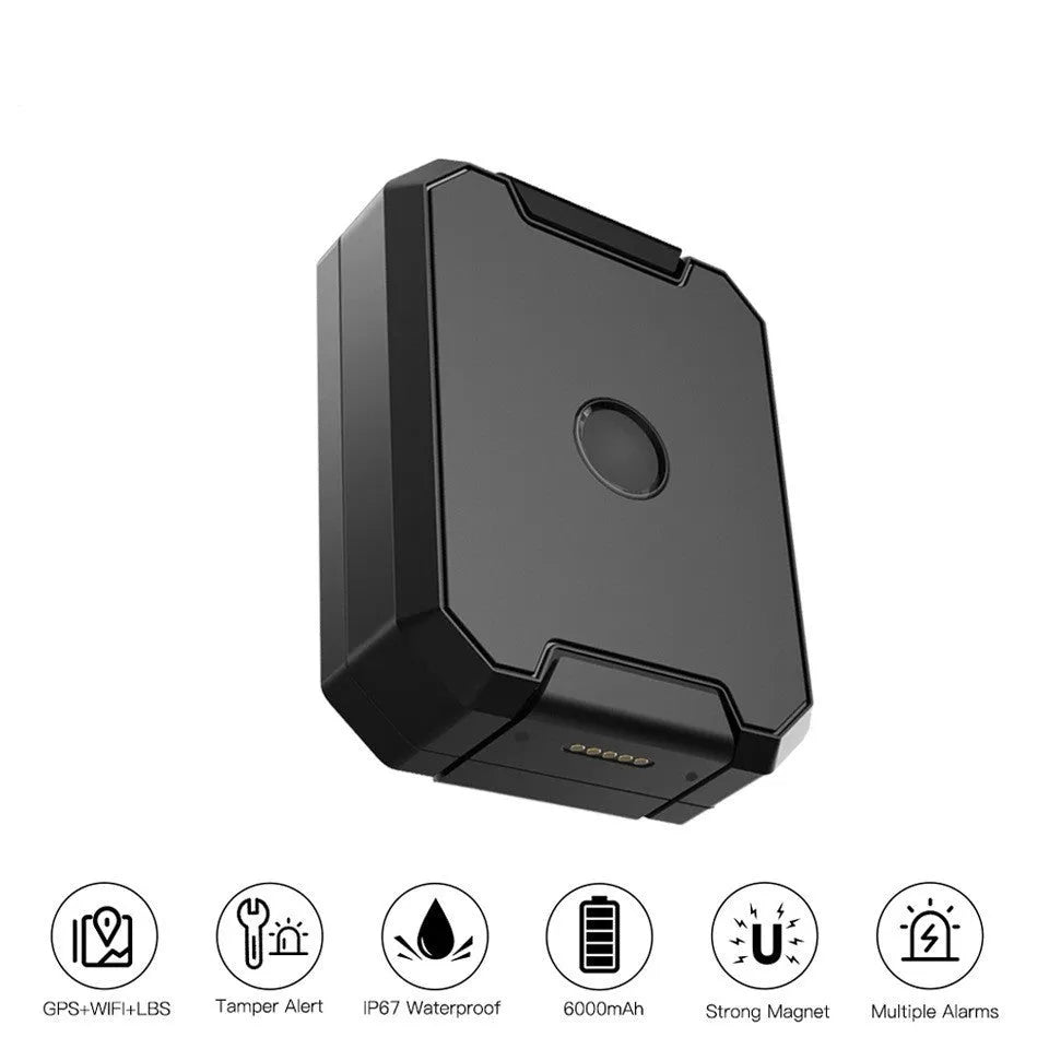 Black GPS car locator device with 6000mAh battery and IP65 waterproof rating for vehicle tracking