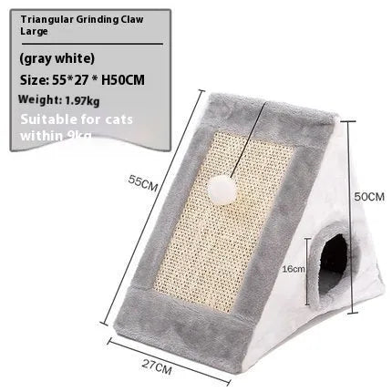 Grey and white triangle-shaped cat scratching post with an integrated fleece fabric bed.
