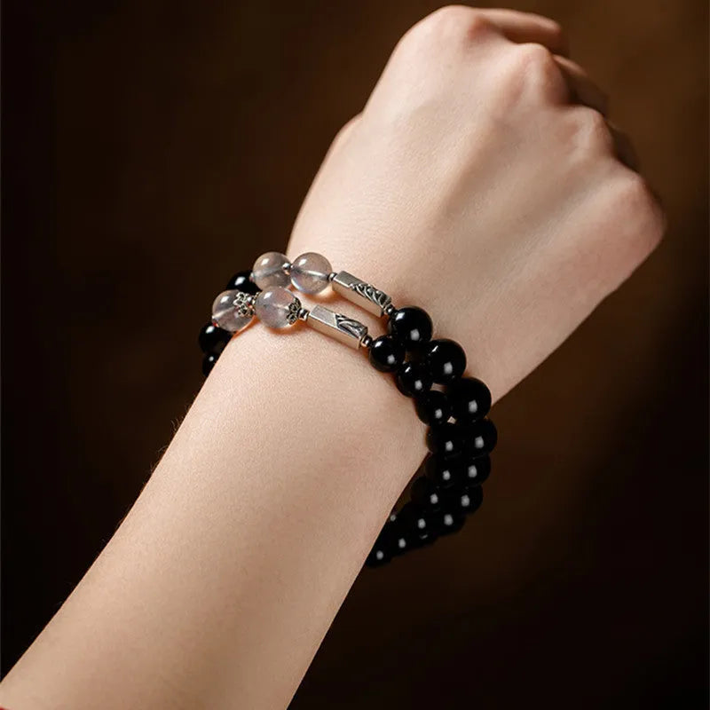 Obsidian Buddha beads DIY couple bracelet kit showing 8mm and 10mm beads with national style design
