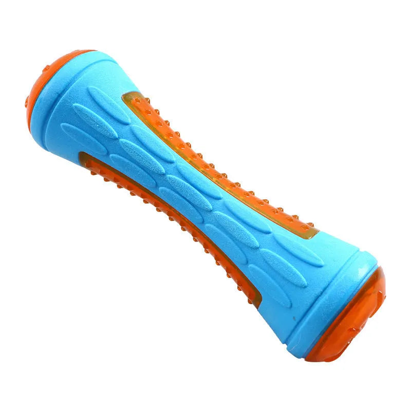 Set of three TPR dog toys: a squeaky ball, barbell and floating tires for water fetch.