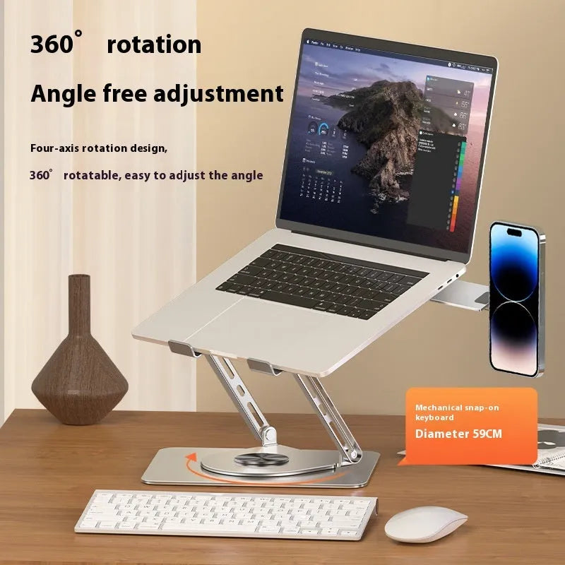 Silver carbon steel laptop stand with a rotating magnetic mobile phone holder attached.