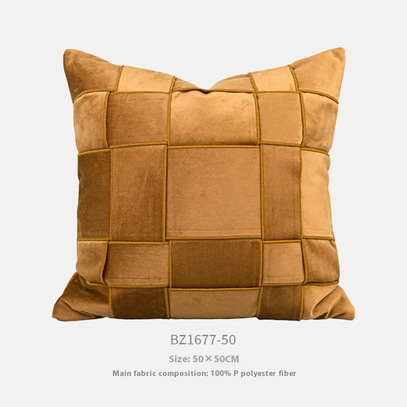 Chenille woven square pillow cushion in beige colour on a sofa