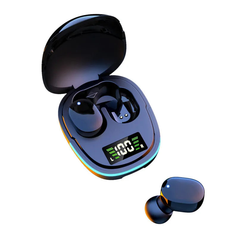 Black true wireless Bluetooth earbuds with charging case and ear tips