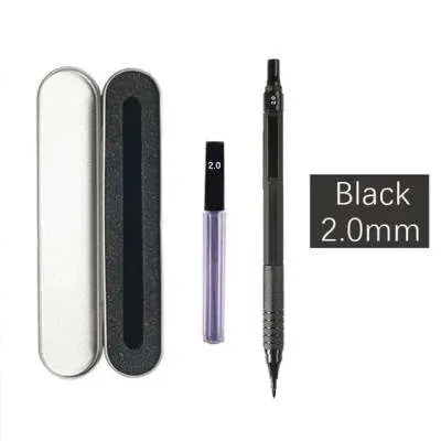 Metal automatic mechanical pencil shown with selectable lead size options including 0.5mm and 2.0mm.
