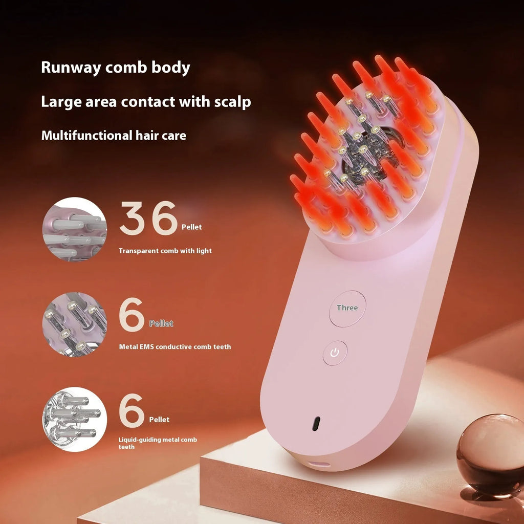 Pink and black smart massage comb with red light therapy for head care under 10cm