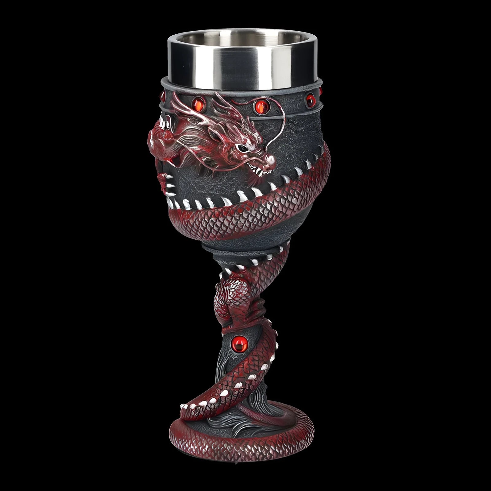 Red wine glass with gold Chinese dragon design on stainless steel stem.