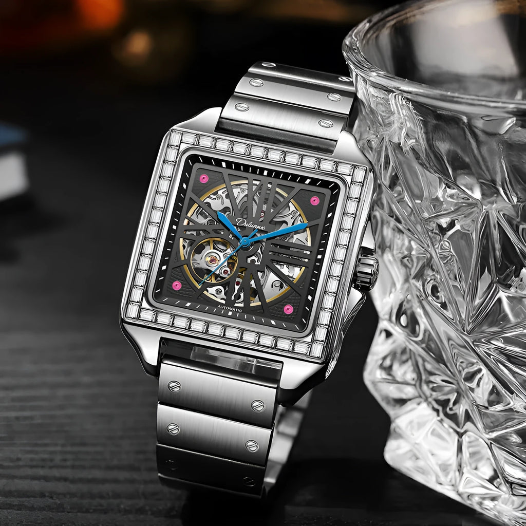 Men's square automatic watch with diamond-studded bezel on steel or leather strap
