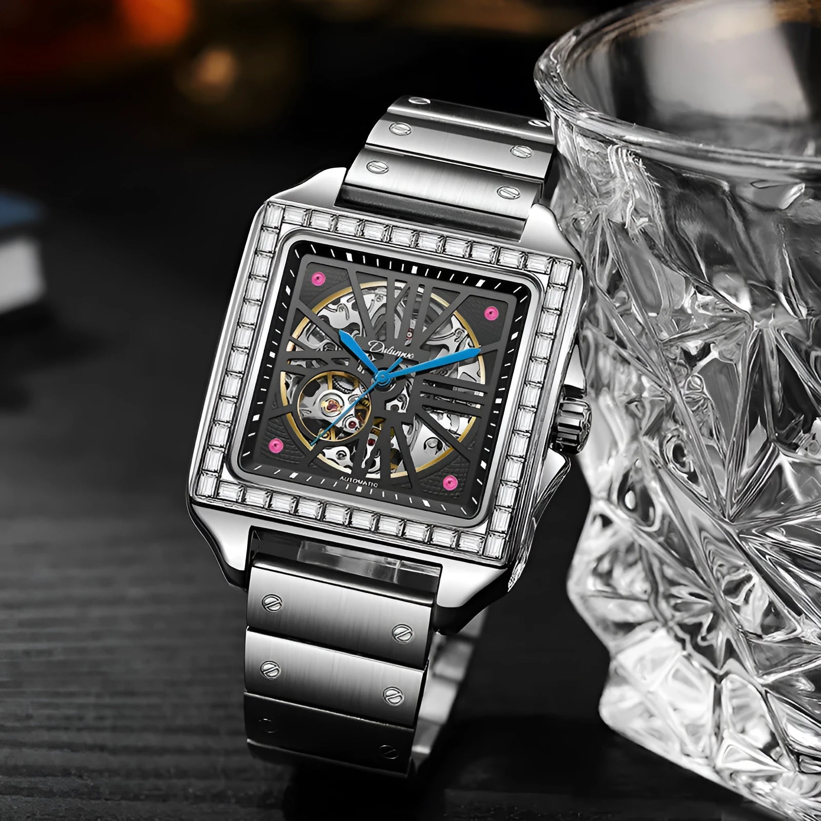 Men's square automatic watch with diamond-studded bezel on steel or leather strap