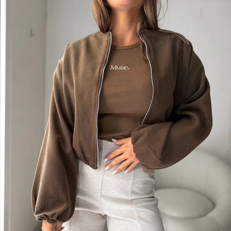 Women's brown off-shoulder short coat with lantern sleeves and round neck