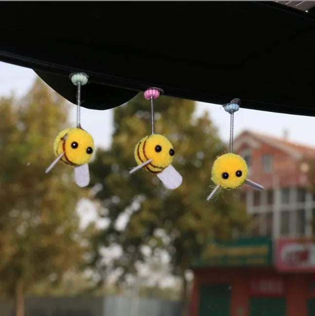 Swing spring bee car decoration made from soft fur ball, 3cm size.