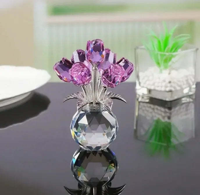 K9 crystal glass rose decoration with geometric shaping in one of seven colour options
