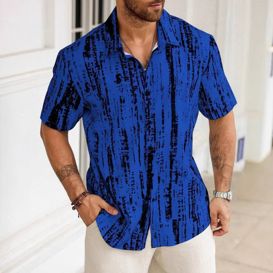 Men's striped short sleeve shirt in lightweight polyester with 3D printed pattern for summer casual wear
