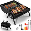 Small foldable desktop charcoal barbecue grill with grill grate, shown in open and closed positions.
