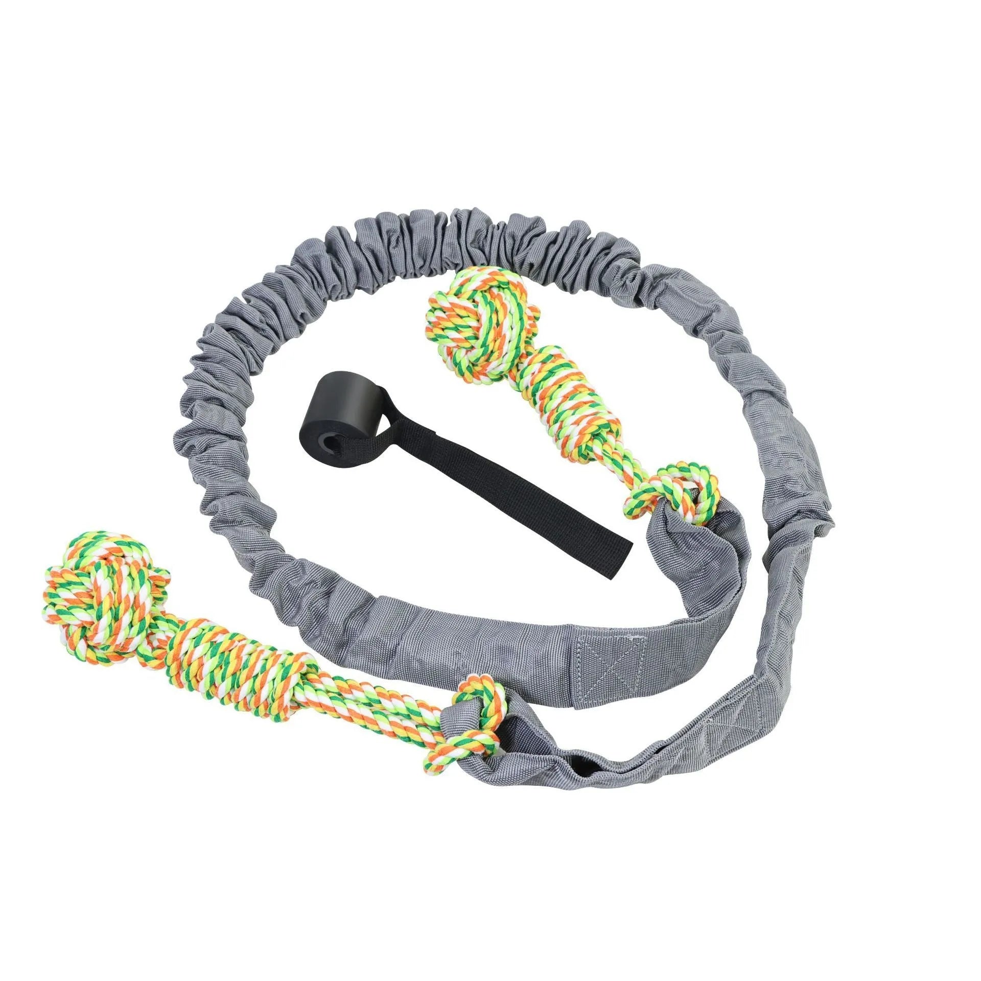 Twisted cotton dog tug of war rope toy in black, grey, and red colour options