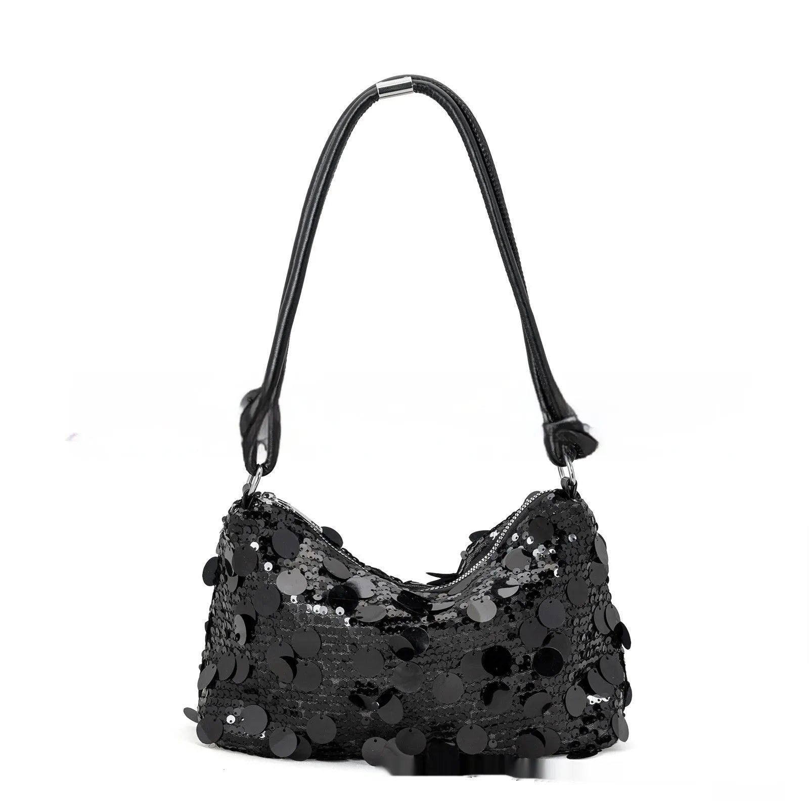 Soft black polyester women's crossbody underarm bag showing front sandwich pocket detail.