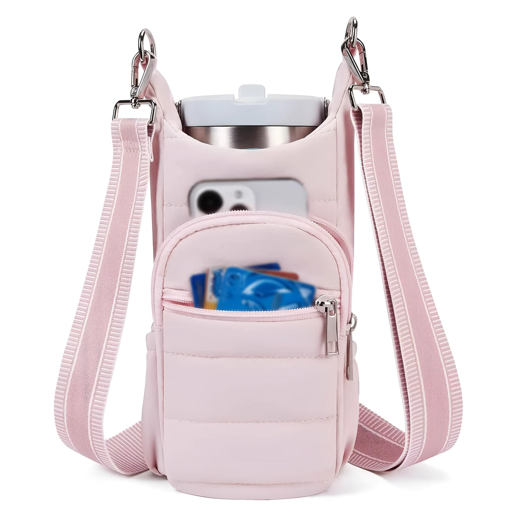 Cloth water bottle bag for bicycles in beige, black, or pink colours.
