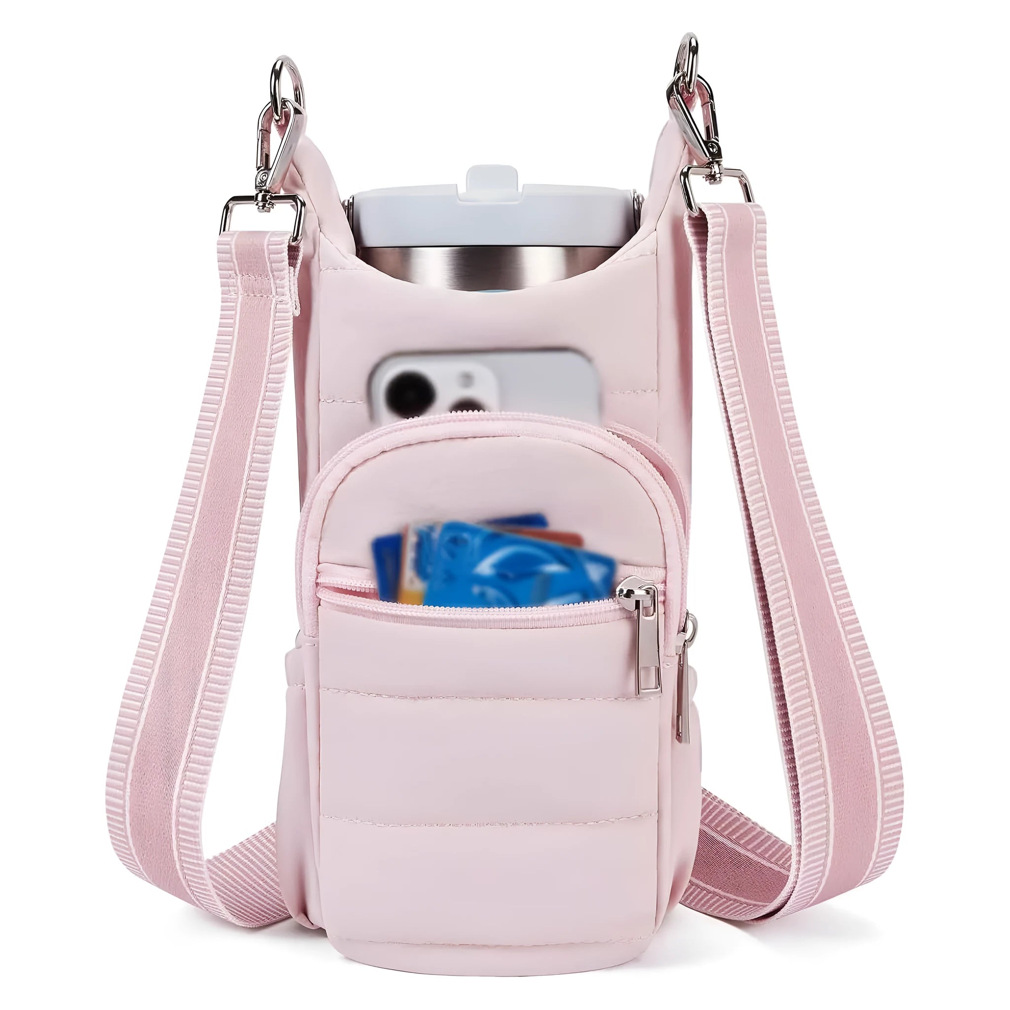 Cloth water bottle bag for bicycles in beige, black, or pink colours.