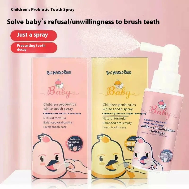 Children's probiotic oral spray bottle for teeth cleaning and cavity prevention in strawberry and orange flavours