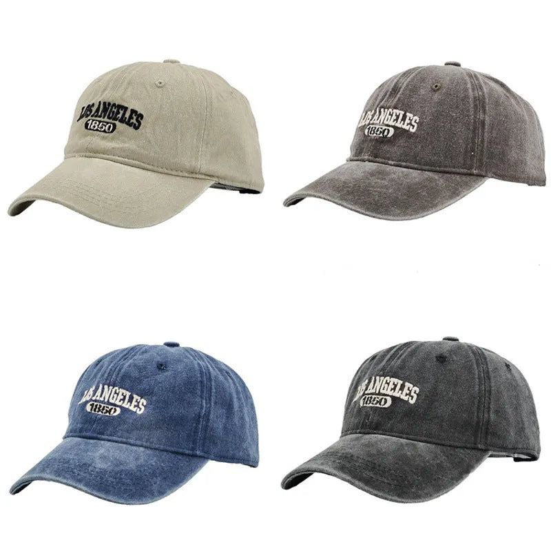 Retro adjustable peaked cap with distressed embroidery in conical crown design