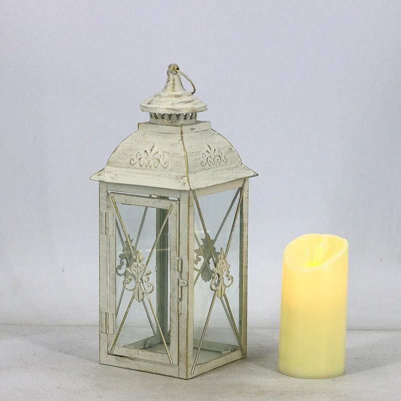 European style black and white wrought iron floor-standing storm lantern with tempered glass for courtyard decoration
