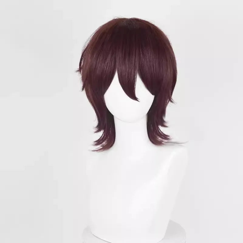 A short-style anime cosplay wig for men in a selected colour, showing its lengthened hair tail.