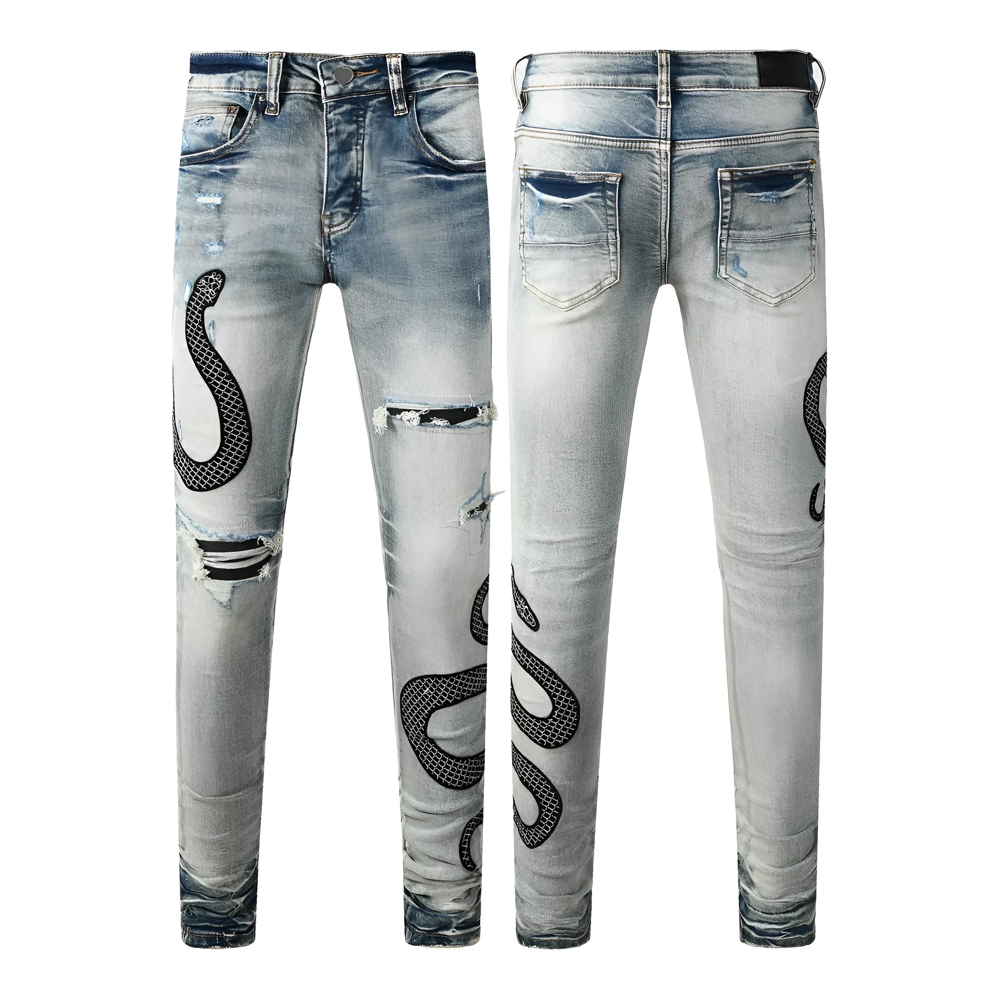 Blue distressed skinny jeans with a button fly on a mid waist, showing a slim fit and retro wash detail.