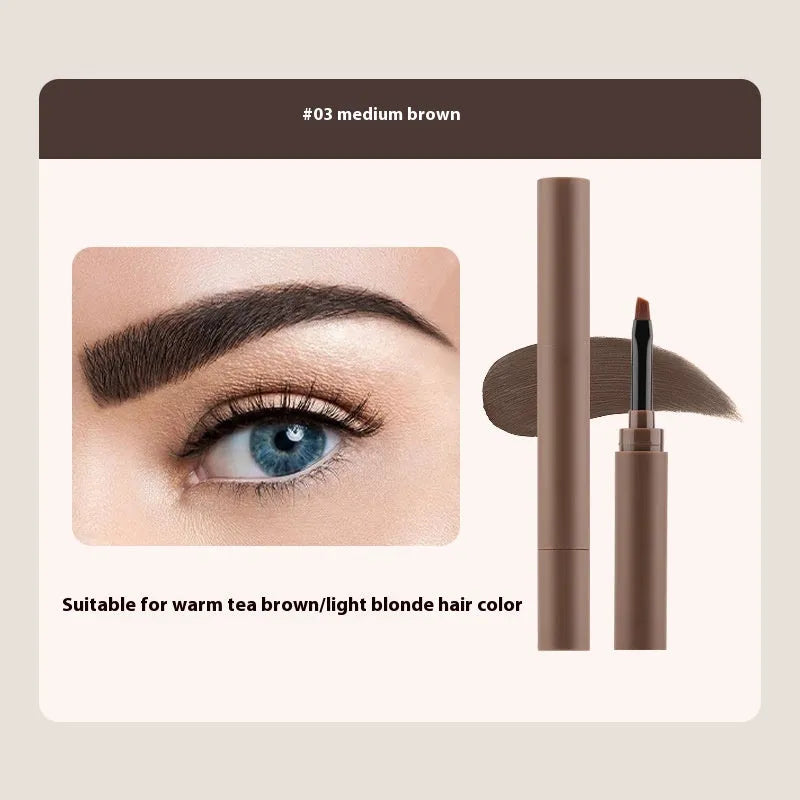 Double-headed eyebrow cream showing pencil and powder ends with five shade options displayed.