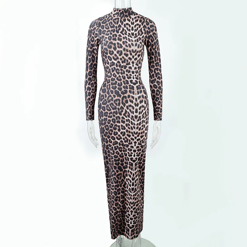Leopard print long dress with stand collar, long sleeves, and high-waisted hip skirt design