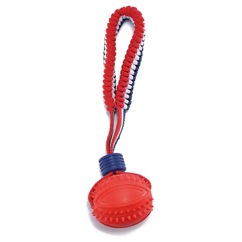 Blue dog ball with rope toy showing 6.5cm diameter ball and cotton rope handle for small dogs