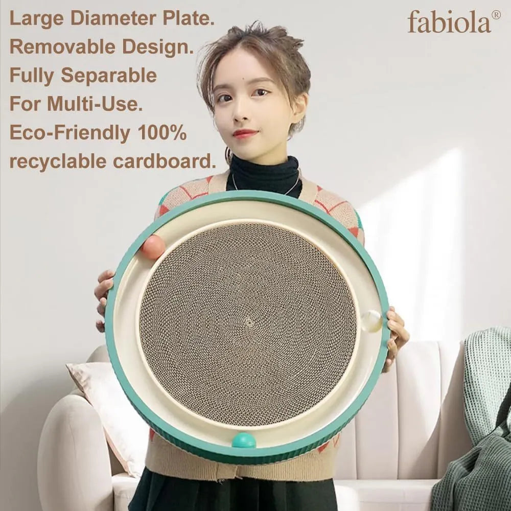 Large circular cat scratching board with bell toys and replaceable cardboard core