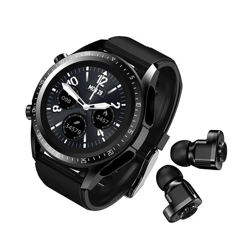 Black smartwatch with blood pressure monitor on silicone strap showing touchscreen display