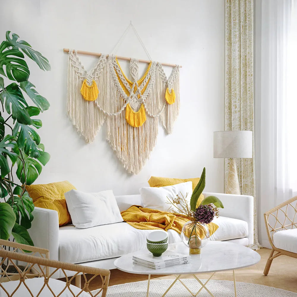 Nordic style hand-woven cotton tapestry wall hanging with creamy white and yellow threads