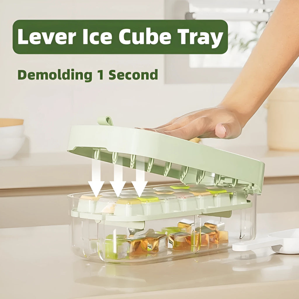 A high capacity plastic ice cube tray with an ice shovel stored in a slot, shown in blue colour.