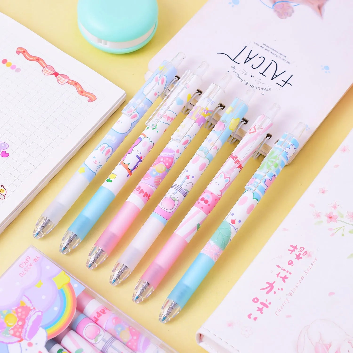 Six cartoon bunny design ballpoint pens with 0.5mm tips and neutral black ink