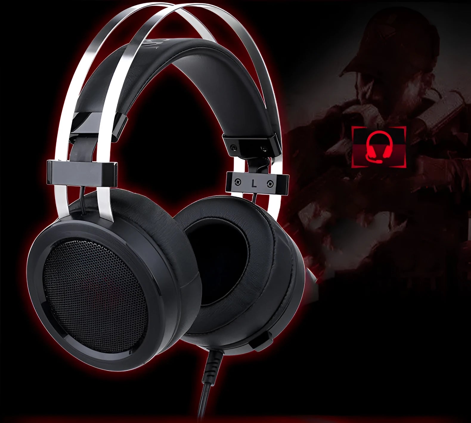 Black wired computer gaming headset with a 3.5mm connector on a 2-metre cable.