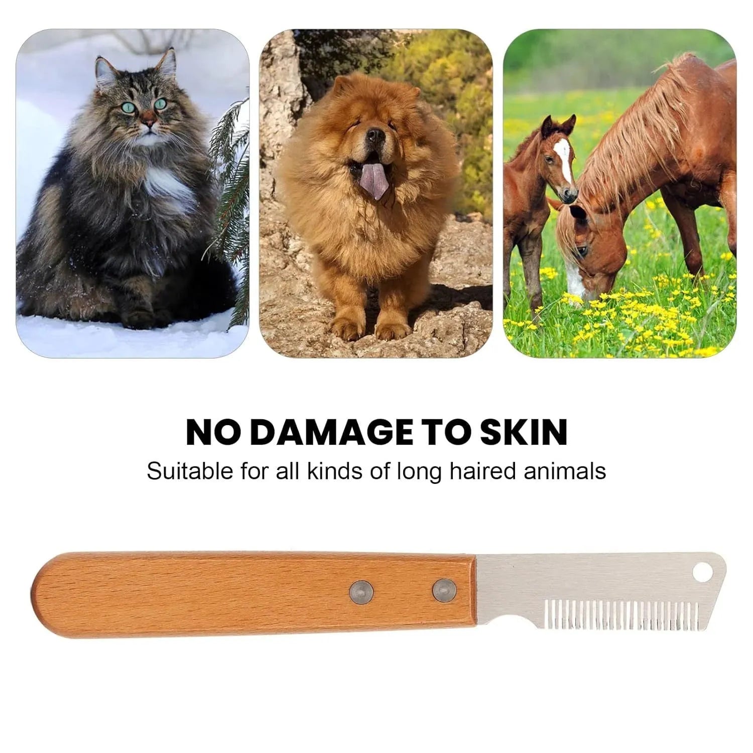 Pet stripping comb with wooden handle and metal teeth for removing hair from dogs and cats.